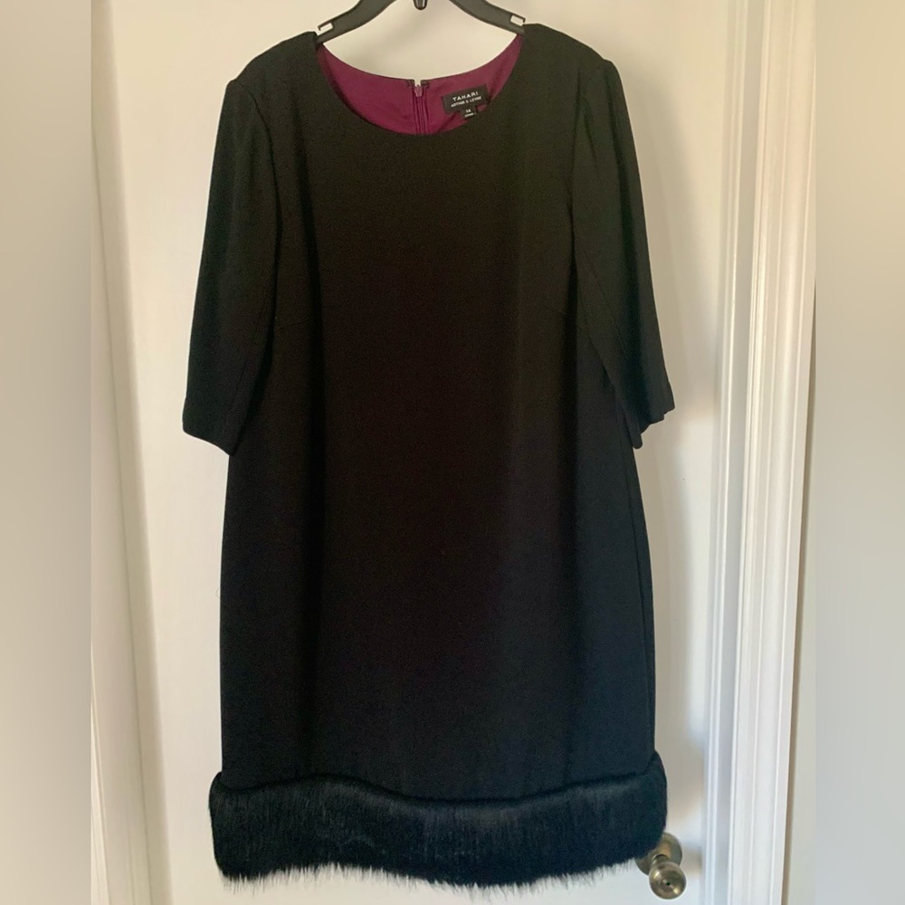 Tahari Black Cocktail Dress with Faux Fur Trim in size 14